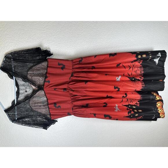 Women’s XXL Halloween Dress Lace Top Haunted House Bats Pumpkins Whimsigoth - Picture 4 of 6